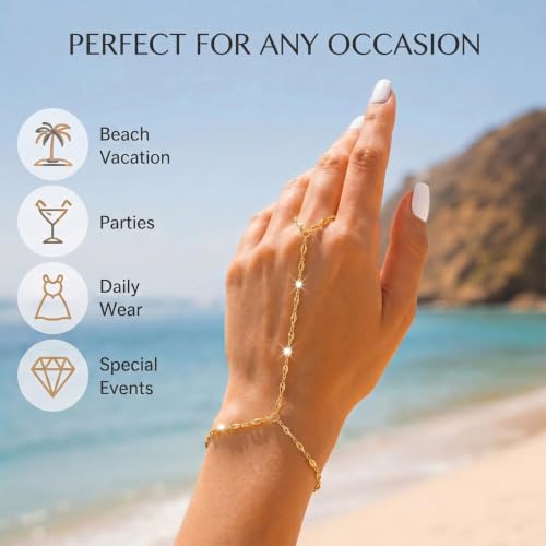 Image of Long tiantian Hand Chain Bracelet Gold Link Finger Ring Slave Bracelet