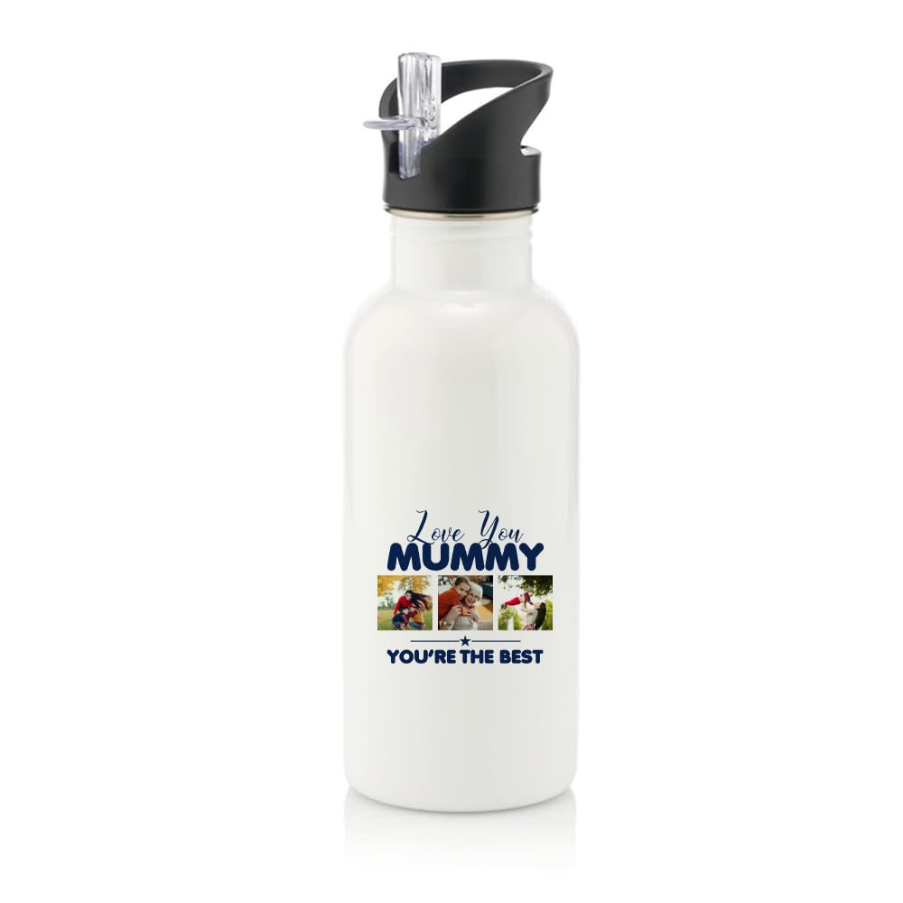 Giftme Personalised LOVE YOU MUMMY YOU’RE THE BEST, Stainless Steel 600ml Water Bottle with Straw. (White)