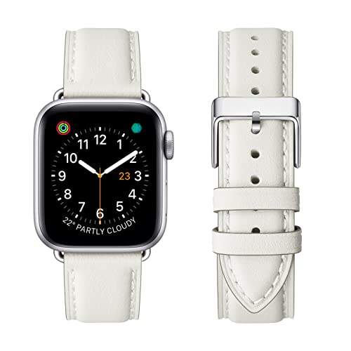 OMIU Square Bands Compatible with Apple Watch Band 38mm 40mm 41mm 42mm 44mm 45mm 49mm, Genuine Leather Wristband Starp for iWatch SE Series 9 8 7 6 5 4 3 2 1 Ultra for Women Men(Ivory White/Silver)