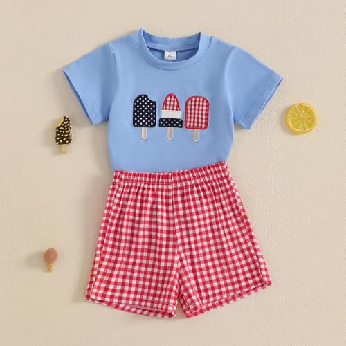Image of 4th Of July Toddler Boy Outfit Popsicle American Flag T-Shirt and Gingham Plaid Shorts Set Independence Day Clothes