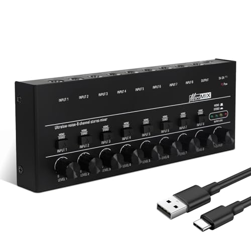 Image of kh 8 Channel Line Mixer Ultra Low Noise Compact Audio Mixer with Type C 5V Power and Individual Volume Controls for Home Studio Stage Performance Bars and Small Venues