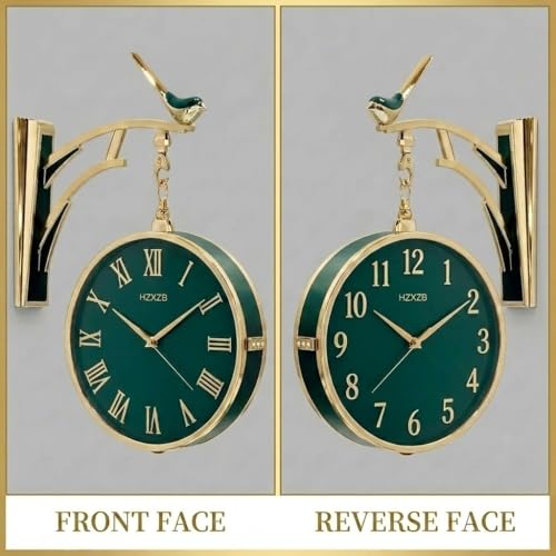 Image of Prakal Home Decor Double Sided Round Wall Mount Station Clocks Watchs Double Face Wall Clock Vintage Retro Metal Frame Glass Dial Cover (W5-Green)