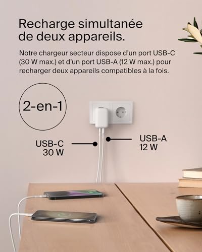 Belkin BoostCharge Chargeur USB Double Port (42 W, USB-C, USB-A, Chargeur Rapide iPhone 16, 16 Plus, 16 Pro, 16 Pro Max, 15, 14, 13, Samsung Galaxy S24, S23, Plus, Ultra, iPad, AirPods, etc., Blanc)