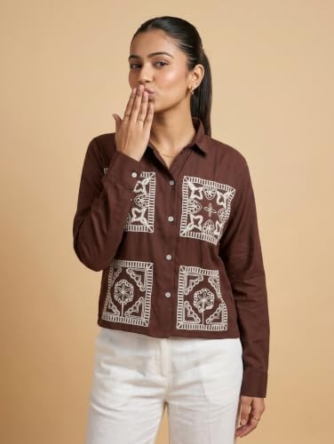 Image of Stylish Women's Embroidered Shirts | Geometric Pattern Half Sleeve Collared Button-Up Casual Shirt for Women