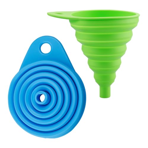 Lotsdonxia 2 Pcs Collapsible Silicone Funnels – Foldable, Space-Saving Kitchen Funnel Set | Food-Grade, Dishwasher Safe | for Liquids, Powders & Skincare (Blue & Green)