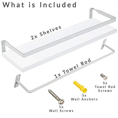 Peter's Goods Modern Floating Shelves With Rail - Wall Mounted Bathroom Wall Shelves With Towel Bar - Also Perfect For Bedroom Decor And Kitchen Storage - Solid Pine Wood Shelf Set Of 2 (White) #TOP4