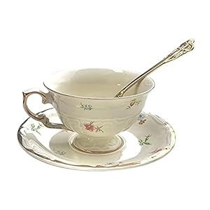 Ceramic Coffee Mug Tea Cup and Saucer Set 6.8 Oz Porcelain Coffee Cup Vintage Floral Ceramic Tea Cup Set with Saucer and Spoon