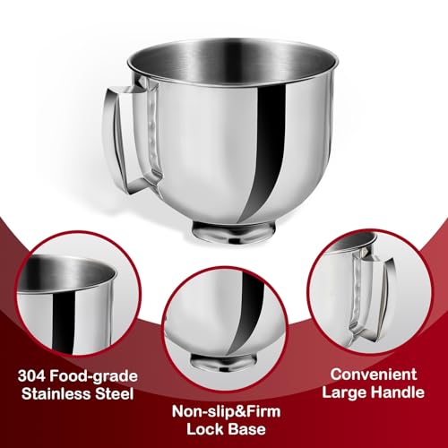 Vietora Eud Stainless Steel Stand Mixer Bowl 5 QT For KitchenAid Artisian&Classic Stand Mixeres, Replacement Bowl For KitchenAid Mixers (Stainless Steel Mixer Bowl)