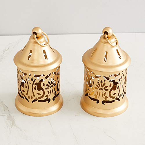 Image of Home Centre Raga-Manthan Round Metal Hanging Lantern ( Golden , Set of 2 Pieces )