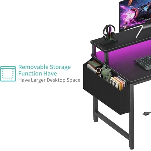 Image of Lufeiya Small Desk with Power Outlets and LED Lights, 32 Inch Teen Writing Study Table Home Office Computer Desks with Monitor Stand, Gaming Desk with Charging Station, Black