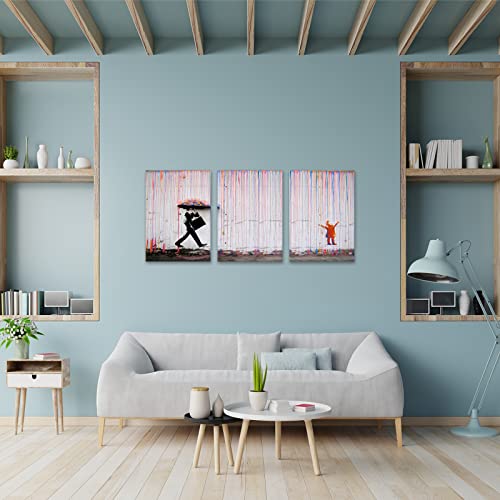 Kawahone Banksy Canvas Graffiti Wall Art Colorful Rain Painting-Street Art Poster Prints Home Decoration Framed For Living Room Home Decoration Ready To Hang (12X16X3Pcs) #TOP2