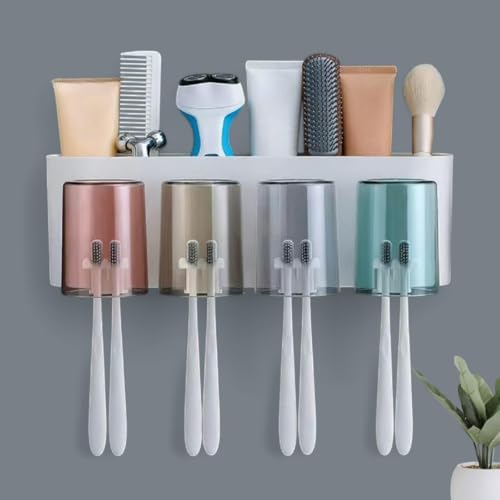 Image of Srxes Wall Mounted Toothbrush Holder, Bathroom Toothbrush Organizer with Mouthwash Cups, Brush Holder for Bathroom Wall Mounted, Tooth Brush Holder Bathroom, Toothbrush Holders for Bathroom Wall