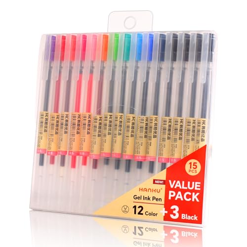 Colored Gel Pens, 0.5mm Fine Tip Pens, No Bleed, Quick Dry, 15 Pack Japanese Style Ball Point Journaling Pen for Coloring, Note Taking, Office School Supplies