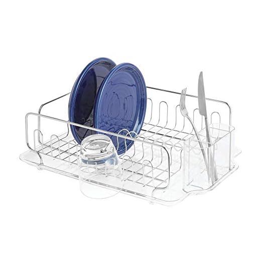iDesign Forma Stainless Steel Sink Dish Drainer Rack with Tray Kitchen Drying Rack for Drying Glasses, Silverware, Bowls, Plates, Clear