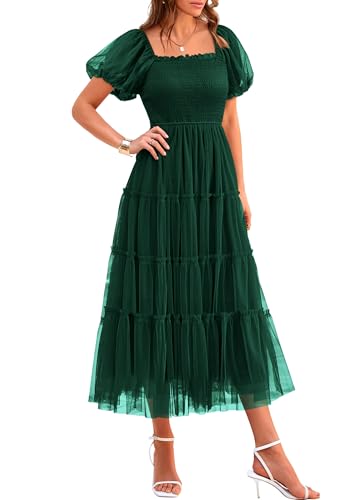 PRETTYGARDEN Women's Smocked Midi Tulle Dress 2026 Summer Puffy Short Sleeve Square Neck Ruffle Wedding Guest Party Dresses (Dark Green,Medium)