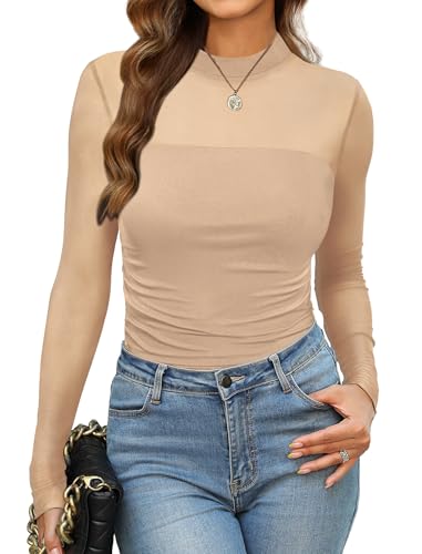 Sexy Tops for Women Date Night Outfits Mesh Long Sleeve Lace Shirts Fall Concert Outfits Mock Turtleneck Fashion Clothing C-Apricot - image 2