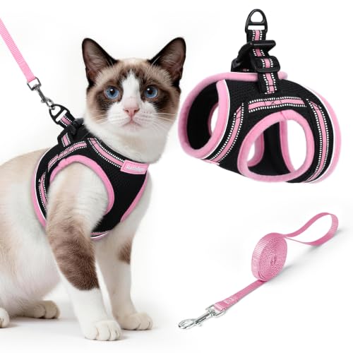 Image of rabbitgoo Cat Harness and Leash Set, Step-in Soft Vest, Black & Pink | Escape Proof, Lightweight, Easy-on & Adjustable, Hook & Loop with Buckle, Reflective, for Small Cats Walks, L