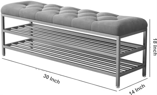 Image of Metal Shoe Rack Bench Organizer with Mesh Seat for Bedroom Entry Window Mudroom Living Room, 2-Tier Fleece Bench Bench for Entryway (Grey1)