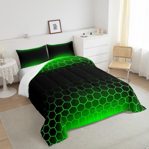 Image of Feelyou Green Black Ombre Honeycomb Comforter King Size for Boys Girls, Geometrics Hexagon Comforter Set Abstract Green and Black Bedding Set Hexagonal Duvet Set Microfiber Bed Set