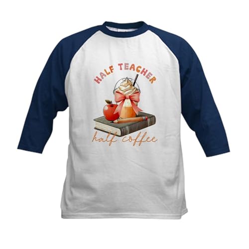 CafePress Cute Half Teacher Half Coffee Typography Kids Baseball T Shirt Kids Cotton Baseball Jersey, 3/4 Raglan Sleeve Shirt