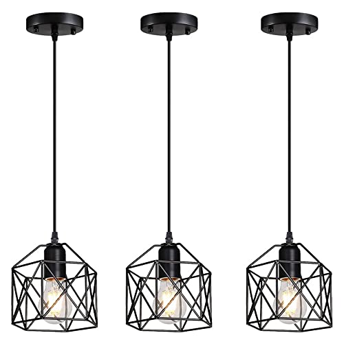 Suspension industrielle vintage lot de 3, lustre cage en métal pour déco rétro îlot de cuisine