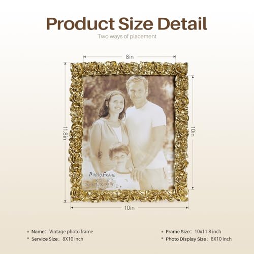 8x10 Picture Frame Vintage, Gold Ornate Rose Flower Resin Photo Frame with Glass Front for Tabletop, Antique Picture Frames for Home Decor