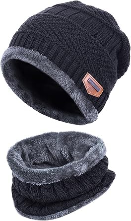 Winter Hat set for Men - Knit Beanie Woolen Hat and Neck Warmer Scarf Set for Men Beanies Hats Neck Scarfs Set Warm Slouchy Beanie Snow Knit Skull hat Gifts for Women & Men-image-2