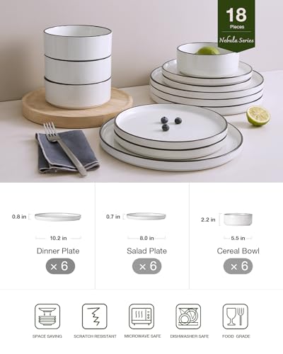 Image of Famiware Nebula Plates and Bowls Sets, 18 Pieces Dinnerware Sets, Dishes Set for 6, White with Black Rim