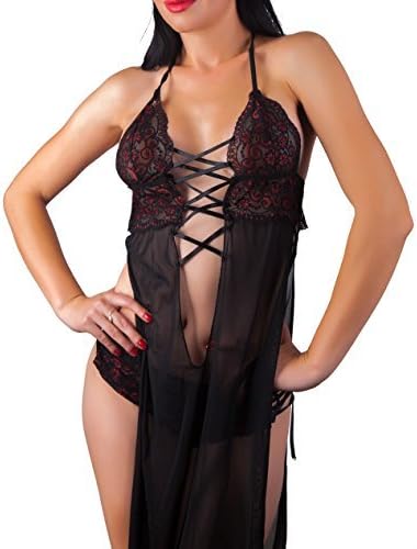 La Ansia Sexy Women Lingerie Babydoll V Neck Bridal Nightwear High Split Chemise Robe Babydoll (Black)