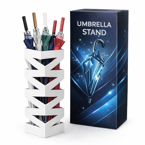 AND HOME Portaombrelli Da Interno/Esterno in Metallo Elegante 49x17x17 cm – Design Moderno per Ingresso, Casa o Ufficio – Resistente, Compatto e Decorativo (Bianco, Zig Zag)