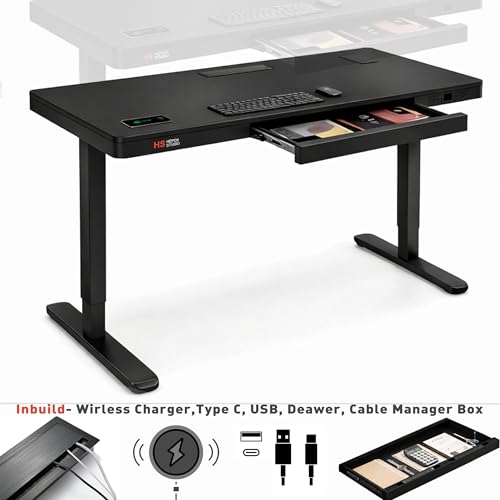 Image of H25 Electric Height Adjustable Desk with Wireless Charging, USB & Type-C Ports, Storage Drawer| Child Safety Lock | Sit-Stand Office Table, Black Top & Black Frame, 3-Year Warranty | DIY