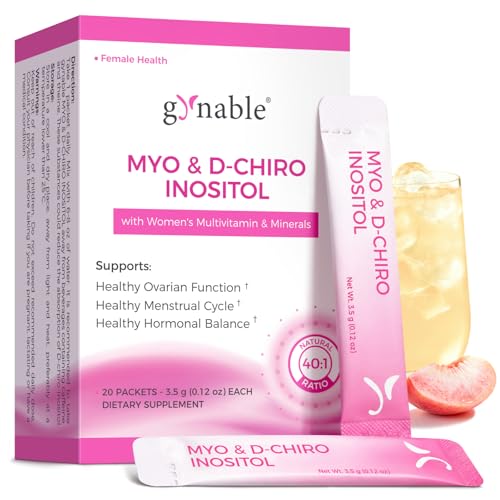 Vevoec Gynable Myo-Inositol & D-Chiro Inositol Supplement for Women - 40:1 Ratio Peach Powder Drink Mix Stick Packets Support Healthy Cycles Hormonal Balance & Ovarian Health 20 Servings