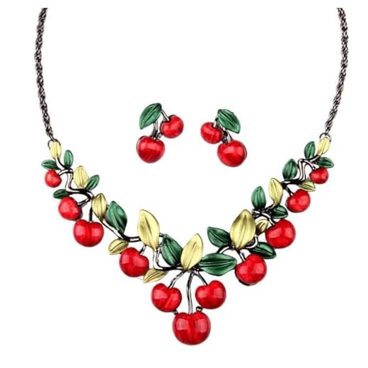 QLYOVWE Conjunto de colar de brincos de cereja vermelha para mulheres, colar delicado com pingente de folha verde, pingente de frutas, charmoso, vestido de jantar, noiva, conjunto de joias estéticas,