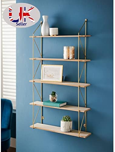 spot on dealz® 5 Tier Modern Gold floating decorative hanging shelves with MDF Oak wood and metal wire frame bookshelves industrial wall mounted display shelving unit, Living Room furniture