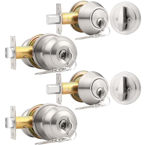 Probrico Keyed Alike Entry Door Knob and Single Cylinder Deadbolt Lockset, Front Door Knob with Key and Deadbolt, Brushed Nickel, 2 Pack