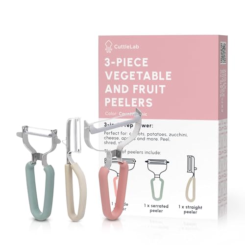 CuttleLab Vegetable Peeler Set – Serrated, Straight & Wide Blades- great apple peeler & potato peelers, Carrots, Zucchini, Cucumbers – Soft Grip Handle- Eye Remover – Dishwasher Safe (3, Country Chic)
