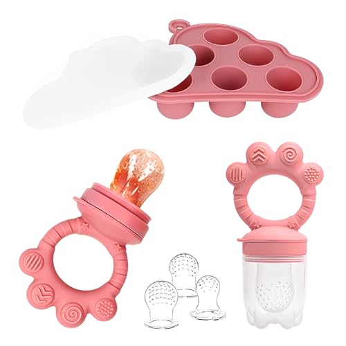ORAGKE Chupete Fruta Bebe con 3 Tetinas de Silicona sin BPA, Chupetes y Recipiente Bandejas Congelar Comida con Tapas para Alimentacion Complementaria Bebe Denticion, Leche Materna, 4 Meses+ (Rosa)