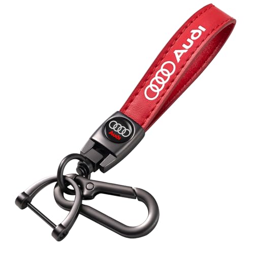 Image of leather car keychain set for Audi S3 A3 RS3 A4 A5 A6 A7 RS7 A8 Q3 Q5 Q7 R8 men and women family present keychain key ring lanyard accessories (Red)