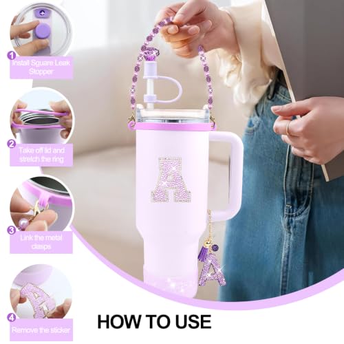 Hpebl 8PCS Purple for Stanley Cup Accessories 30/40 OZ Bling Rhinestones Initials Charms for Stanley Decorations Tumbler Accessories Set Including Diamond Straw Topper, Silicone Tumbler Boot(Letter L) - image 5