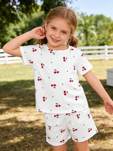 Image of KIDLAGA Girls Two Piece Sets Cherry Pattern Short Sleeve Shirts and Shorts Set With Pockets Girls Summer Outfits Size 7-14