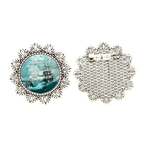 Broche de plata con olas del océano y flores el regalo ideal de tamaño mediano