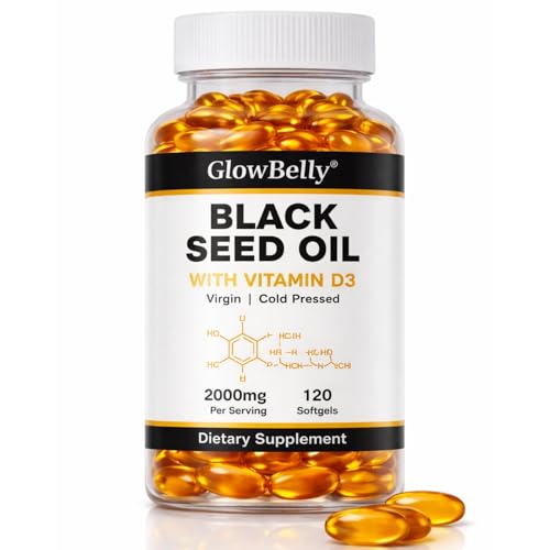Black Seed Oil Capsules 2000mg | Cold Pressed Nigella Sativa | Black Cumin Seed Oil with Vitamin D3 | 120 Softgels by GlowBelly