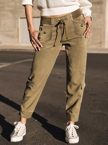 Flamingals Women's Flap Decor Drawstring Waist Mid Rise Straight Leg Crop Pants3