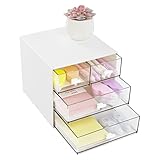 【Platz sparen】 Sie können alle kleinen Gegenstände, die Sie organisieren möchten, in unsere Aufbewahrungsbox legen, und vier Schubladen machen die Klassifizierung klarer. Das stapelbare Design spart nicht nur Platz, sondern hilft auch, Ihren überladenen Schreibtisch wieder in Form zu bringen.