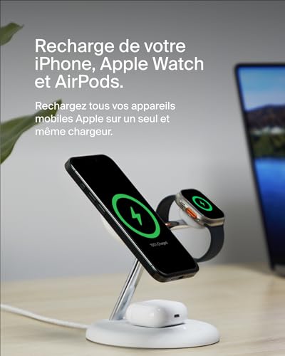 Belkin BoostCharge Pro Station de Recharge 3-en-1 avec Qi2, 15 W, MagSafe, pour l'iPhone 17, iPhone Air, 16, Pixelsnap, AirPods, Apple Watch, etc., Adaptateur Secteur Inclus - Blanc