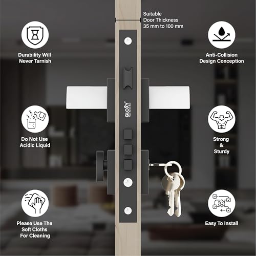 Image of GLOXY Premium Zinc Door Locks for Main Door for Bedroom, Mortise Door Lock Set Handle Set with 3 Brass Key for Home,Office,Hotel | White & Black Finish (2 Years Warranty, Pack of 1)