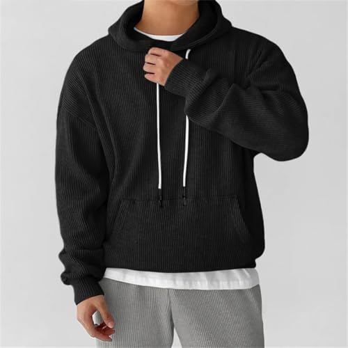 Men's Solid Hooded Long Sleeve Drawstring Loose Casual Knitted Sweatshirt Streetwear Fall Pullover3