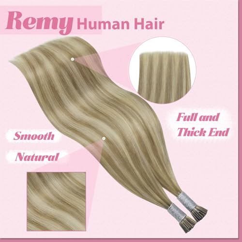 Image of YoungSee I Tip Hair Extensions Brown, I Tip Extensions, Light Brown Highlights Blonde, Itip Human Hair Extension, 50g 65 Strands 16 Inch, Invisible Itip Hair Extension, Straight Hair, for Women