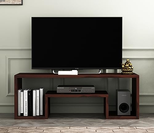 Image of Furniture Premium Sheesham Wood TV Unit with 3-Shelf Storage - Accommodates Up to 43-Inch TV - Ideal for Living Room Decor (Myles, Walnut Finish)