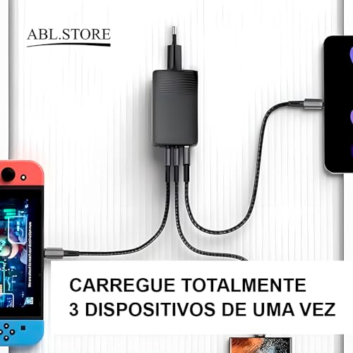 Carregador Turbo de 65W + Cabo, com Três Saídas USB-C e USB, Compatível com Apple iPhone/iWatch/AirP